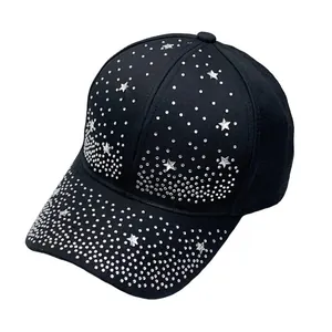 Women's black baseball cap with sparkling rhinestones and silver star embellishments