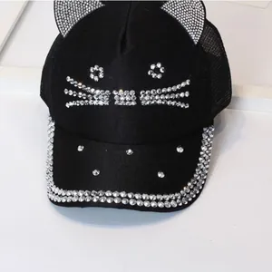 Detail of black mesh baseball cap with cat ears and sparkling silver rhinestone accents