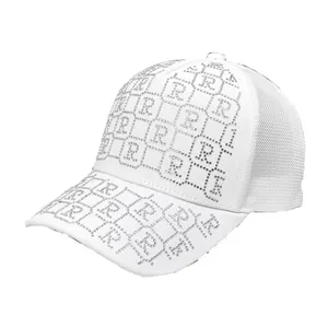White baseball cap with rhinestone R pattern and breathable mesh back for sun protection