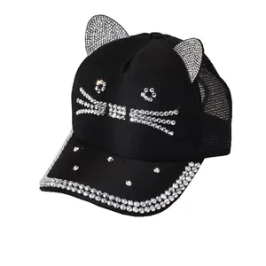 Black cat ear baseball cap with sparkling rhinestones and breathable mesh back