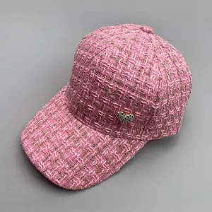 Women Small Fragrance Tweed Baseball Cap With Rhinestone Heart Plaid Pattern Sun Protection Fashion Casual Peaked Hat