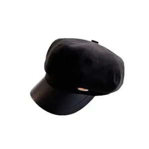 Classic black wool newsboy cap with a faux leather brim and gold metal button accent
