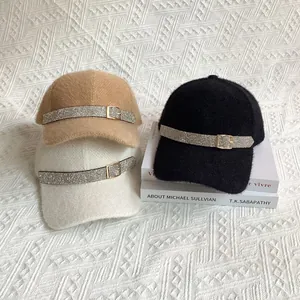 Fashionable plush baseball cap set with rhinestone buckle for women in three colors