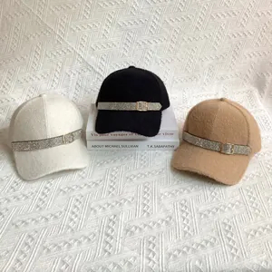 Fashion baseball caps with rhinestone buckle and plush material in white black and khaki