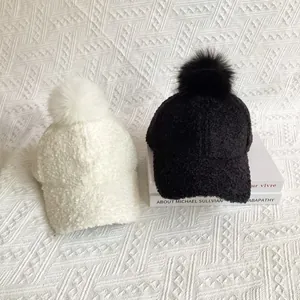 Women Winter Warm Sherpa Baseball Cap Sweet Cute Solid Color Faux Fur Ball Decorated Adjustable Lamb Wool Curved Brim Hat