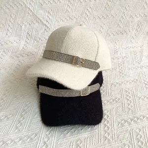 Women Fashion Rhinestone Belt Buckle Chenille Baseball Cap Warm Plush Winter Autumn Adjustable Baseball Hat Daily Travel Accessory