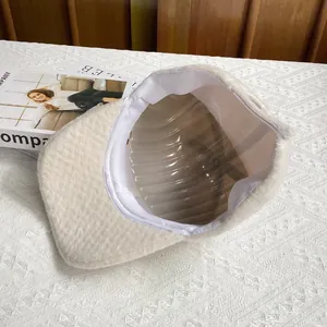 Detailed interior of beige wool baseball cap with sweatband and plastic hat shaper