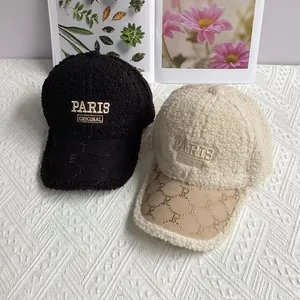 Winter faux shearling baseball caps with PARIS embroidery and rhinestone leather brim