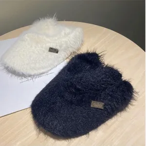 Winter mohair open top visor hat for women with fluffy texture and metal decor