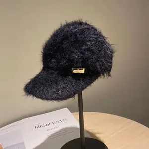 Women's black mohair open-top baseball cap with fluffy texture and gold metal plaque