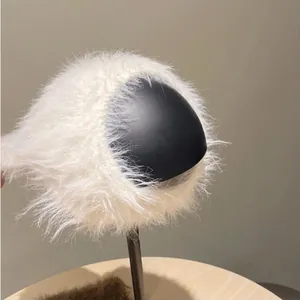 Close-up of white mohair texture on a warm winter topless hat for high pony tails