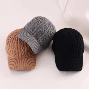 Women Winter Warm Knit Baseball Cap Soft Acrylic Cable Knit Peaked Cap Solid Color Adjustable Fashion Outdoor Casual Hat