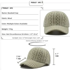 Size chart showing knit baseball cap dimensions including 54-60cm circumference