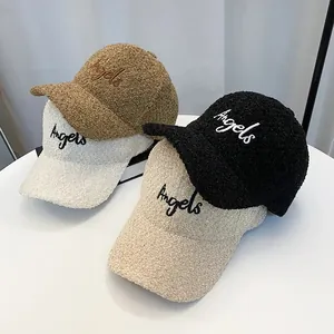Women Winter Teddy Velvet Baseball Cap Angels Letter Embroidered Warm Sherpa Peak Cap Adjustable Casual Fashion Outdoor Hat