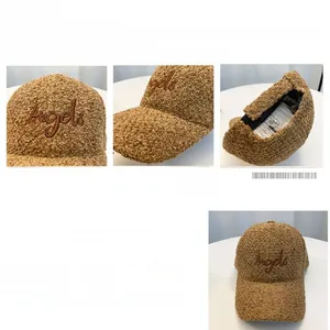 Detailed view of fluffy teddy fleece fabric and Angels embroidery on baseball cap