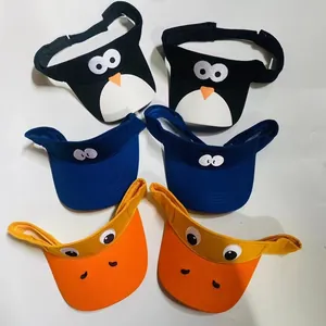 Cartoon open top sun hats with funny big eyes and duck bills in black, blue and orange