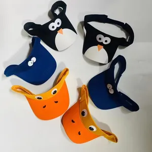 Detail of cartoon embroidery on kids sun visors with adjustable velcro straps