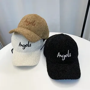 Teddy fleece baseball caps with Angels embroidery in brown, beige, and black colors