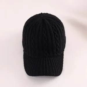 Women's black cable knit baseball cap with rhombus pattern for winter warmth