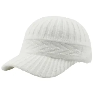White knitted baseball cap with vertical ribbed texture and V-pattern knit detailing