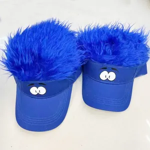 Lot de visières bleues avec broderie yeux de dessin animé et perruque de cheveux bleus