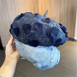Women Denim Beret Hat With 3D Heart Applique Rhinestone Sweet Korean Style Cotton Painter Hat For Casual Daily Dating