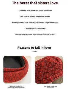 Detail of red and black tweed beret featuring plush lining and chic leather label