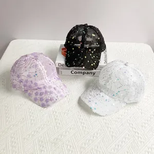 Floral sequined mesh baseball caps for women in black, purple, and white colors