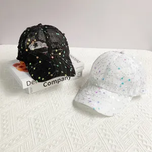 Black and white mesh baseball caps with sequins and floral embroidery for women