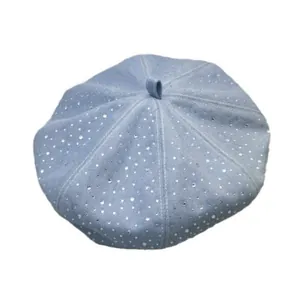 Light blue denim beret hat for women with sparkling rhinestones and a stylish painter style