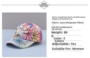Detail of baseball cap showing lace floral fabric with maple leaf pearls and rhinestones