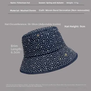 Detail shot of washed denim bucket hat with rhinestones and size dimensions