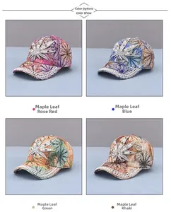 Detail view of rhinestone and pearl maple leaf baseball caps in four vibrant colors
