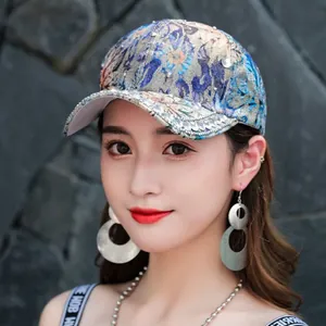 Elegant women's baseball cap with sequins, rhinestones and colorful leaf prints