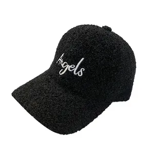 Black teddy fleece baseball cap with white Angels embroidery for winter casual wear