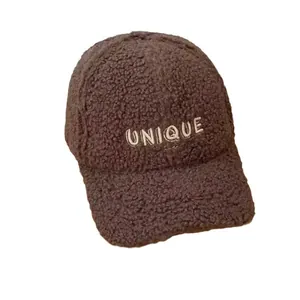 Winter brown faux shearling baseball cap with UNIQUE embroidery for women