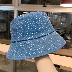 Fashion Rhinestone Studded Washed Denim Bucket Hat For Women Casual Sun Protection Flat Top Fisherman Hat For Outdoor Travel