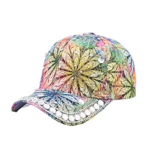 Floral print baseball cap with rhinestone accents and leaf patterns for women