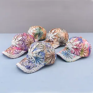 Fashion baseball caps with rhinestone maple leaf and pearls in colorful tie-dye patterns
