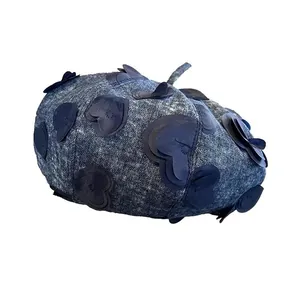 Grey-blue denim beret for women with 3D heart embroidery patches in a stylish design