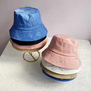Women Fashion Rhinestone Letter Bucket Hat Cotton Sun Protection Summer Beach Travel Outdoor Wide Brim Fisherman Cap