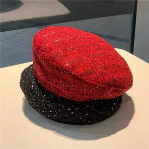 Women Elegant Wool Tweed Beret Hat Plaid Boucle Knit Warm Vintage French Style Painter Cap For Autumn Winter