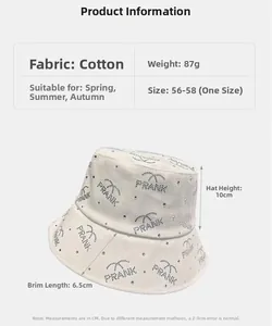 Detailed size specifications for a white cotton bucket hat with rhinestone PRANK text
