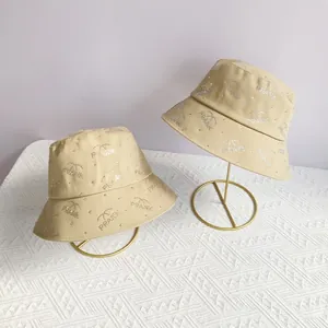 Women's chic beige sun bucket hat with rhinestone PRANK letter logo and palm tree pattern