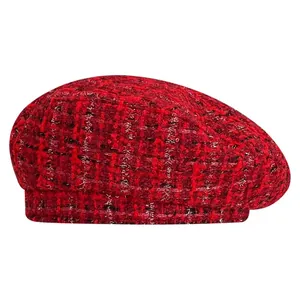 Classic red wool tweed beret hat with vintage woven pattern and elegant minimalist style