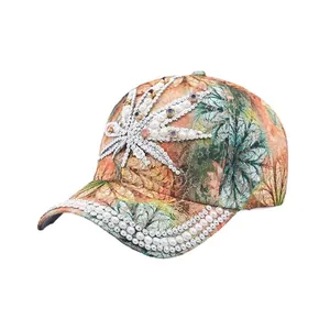 Lace baseball cap featuring autumn leaf print with luxury pearl and rhinestone maple leaf