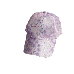 Women's purple baseball cap with floral embroidery and sequins on breathable mesh