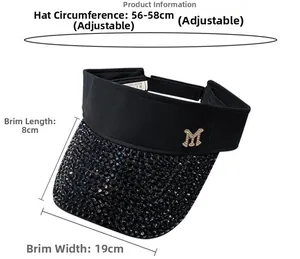 Adjustable sun visor hat detail with black rhinestones and golden M metal logo