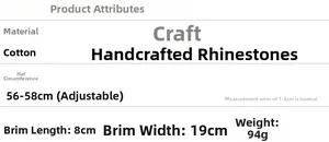 Size chart for rhinestone M-letter sun visor made of cotton with manual stone setting