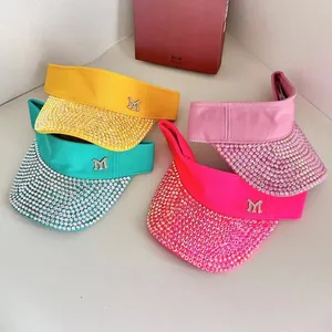 Set of colorful women sun visors with sparkling rhinestones and metal M logo
